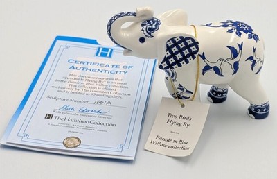 Two Birds Flying By Parade In Blue Willow Elephant Figurine Hamilton Collection