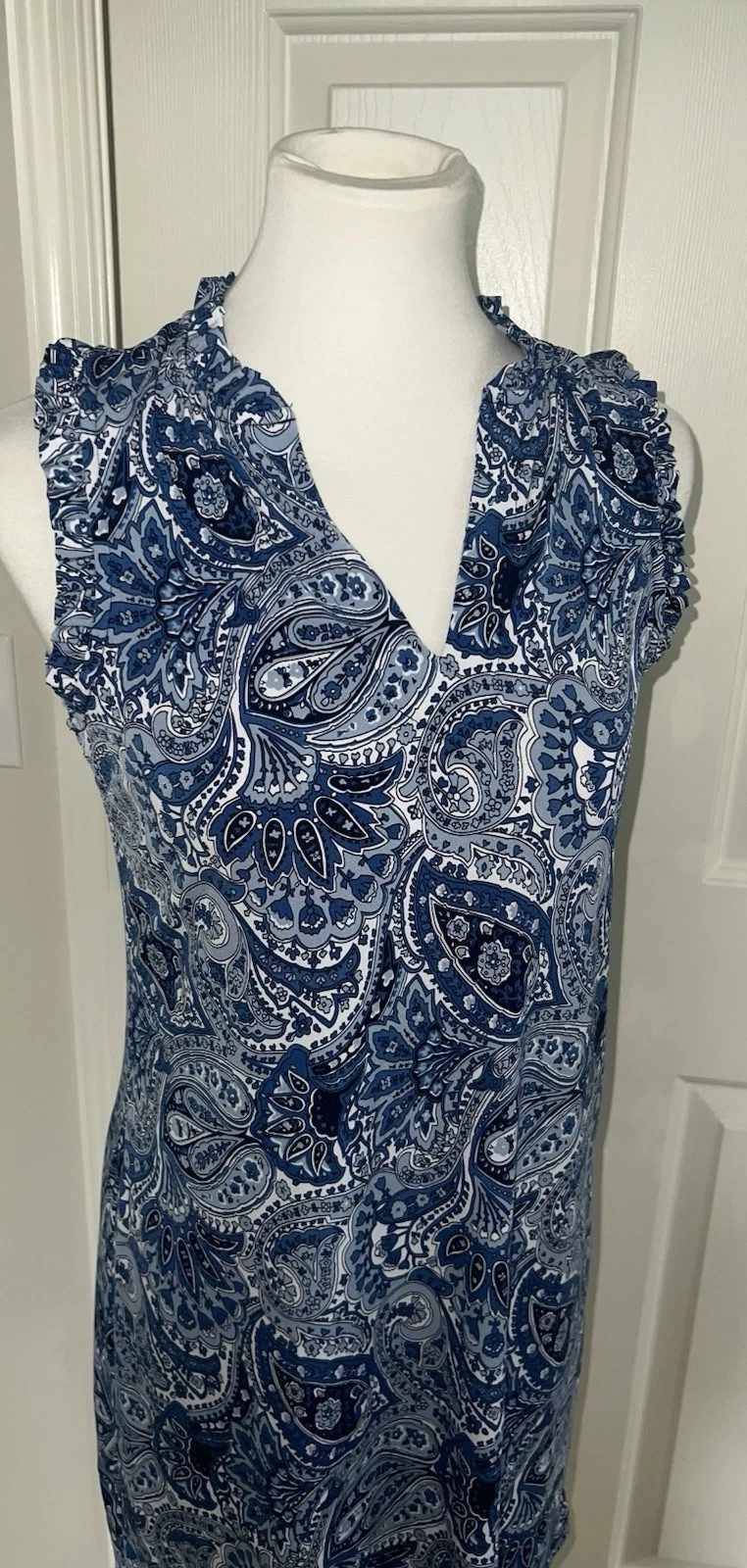 Abito MICHAEL KORS paisley scollo a V volant senza maniche floreale blu bianco piccolo nuovo con etichette