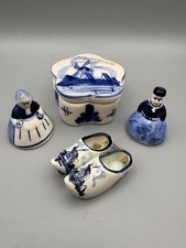 Vintage Delft Blue & White Ceramic Miniatures Clogs, Figurines, Trinket Box