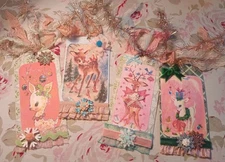 Lovely Kitschy Deer Sparkly Pink Shabby Chic Christmas Gift Hang Tags Set Of (4)