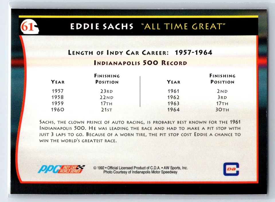 1992 All World Indy Eddie Sachs #61 - Image 2 of 2