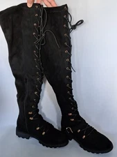 JustFab Phyllida Flat Black Over the Knee Lace Up Boots Women's Size 7 NEW NIB