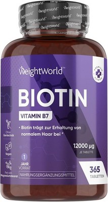 Biotin Tabletten - 365 Stück - 12000mcg Vitamin B7 - für Haar Haut Nägel - Vegan