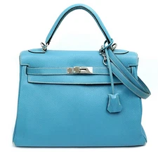 HERMES Paris Kelly 32 Shoulder Hand Bag Blue Jean Silver Leather Japan Authentic