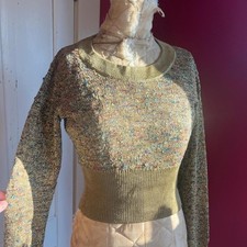Vintage 1970s Glam Gold Rainbow Sparkle Rayon Lurex Knit Cropped Top Size XS/S
