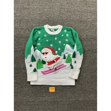 Holiday Time Kids Green Santa Skiing Ugly Christmas Sweater Sequin Size M 7-8