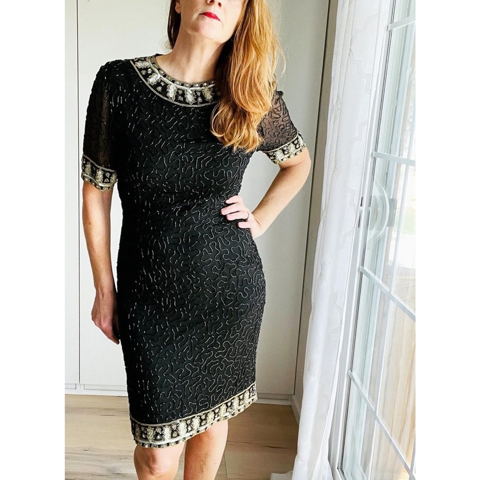 Vintage 80s Lawrence Kazar Silk Beaded Formal Dress Black Tie Embellished