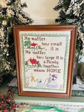 Vintage Needlepoint Crosstitch Home Family Victorian Dress Vintage Wood Frame