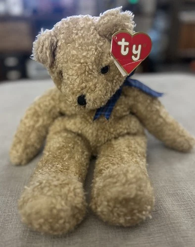 Ty Vintage 1992 BABY CURLY 5302 Blue Plaid Bow Rare Tag Brown