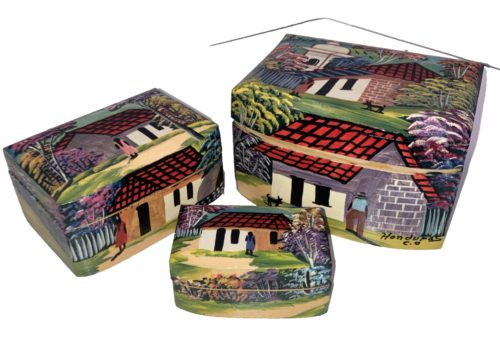 3 Vtg Honduras Hand Painted Nesting Trinket Boxes Folk Art Signed