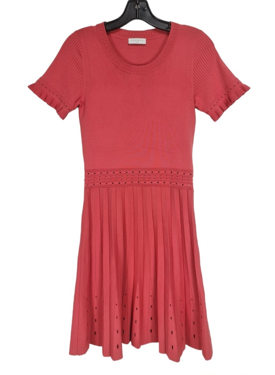 Sandro PARIS Rose Pink Mini Fit & Flare Sweater Dress Women Size S Crew Neck