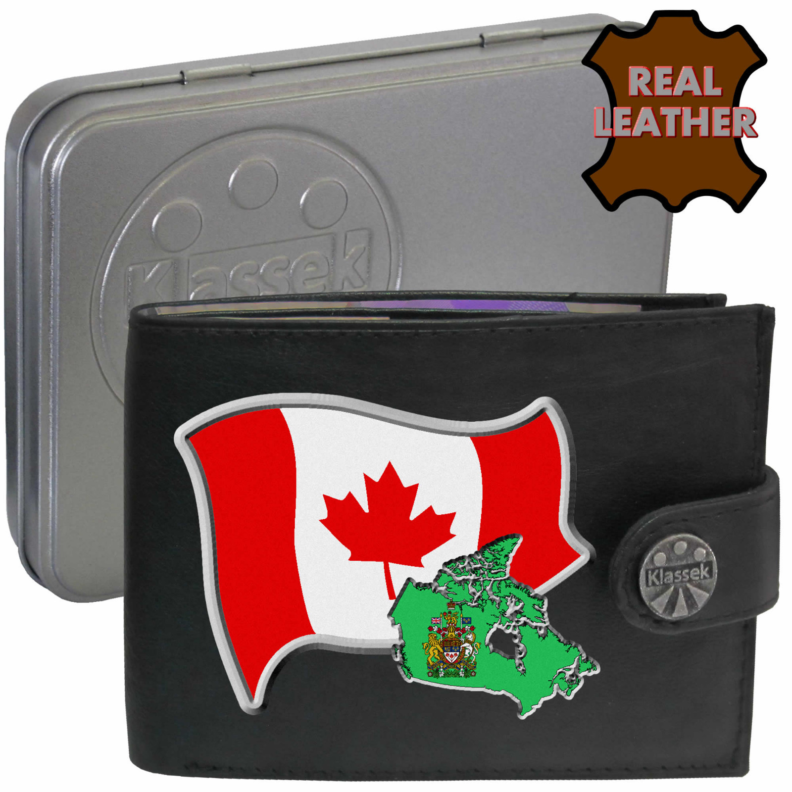 Canada Wallet Canadian Soft Real Leather Map Flag and Emblem Men's Gift Tin RFID