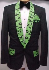 CUSTOM BLACK SHAMROCK PRINT VINTAGE PROM TUXEDO SMOKING JACKET MENS SIZE 38L
