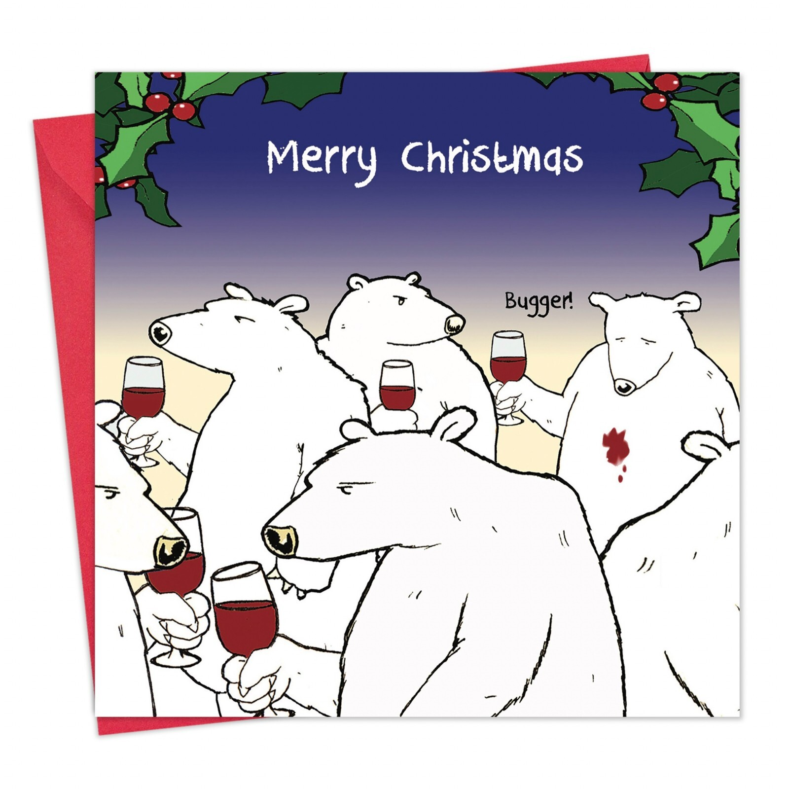 Merry Christmas Card with Wine & Bear - Funny Christmas Card - Xmas Card -Bugger