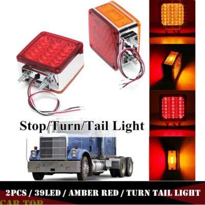 2X 39LED Square Dual Face Stud Mount Pedestal Fender Turn Signal Light Red/Amber