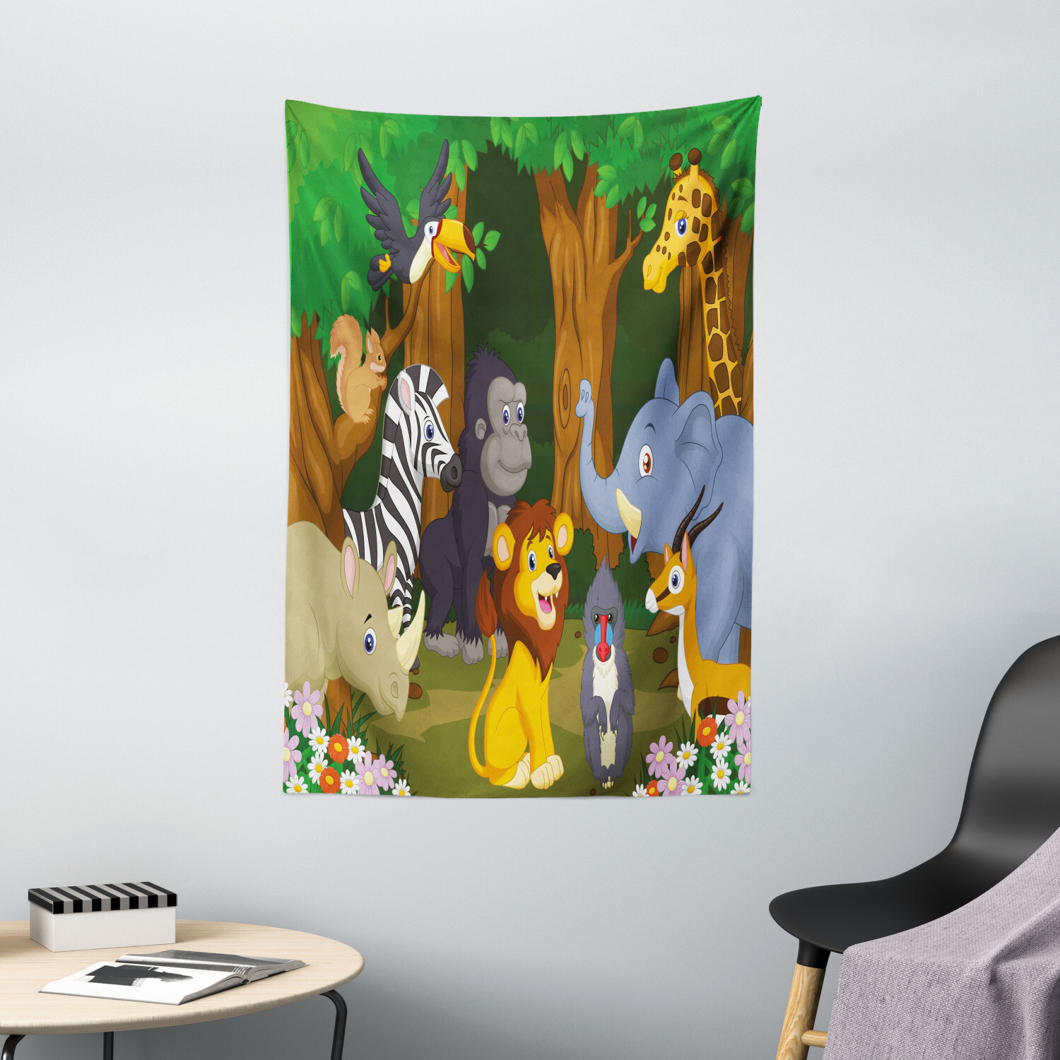 Animal Tapestry Cartoon Elephant Lion Print Wall Hanging Decor