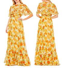 Mac Duggal Floral Print High Neck Cape 3-D Flowers Sleeve A-Line Gown sz 16 798