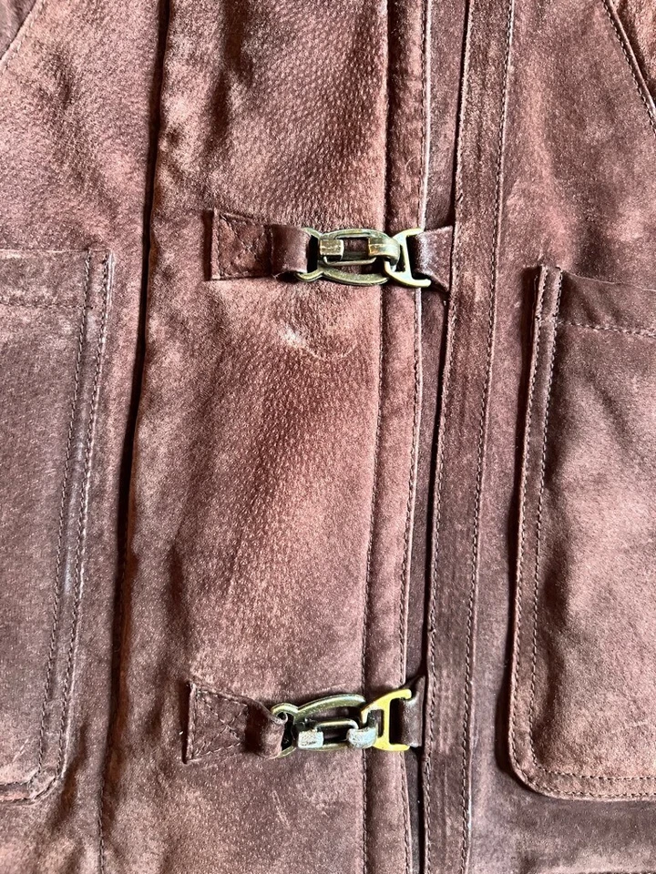 Chaqueta de cuero de gamuza Moda para hombre talla MEDIANA marrón con capucha piel sintética bolsillos con cremallera   Foto 3 de 4