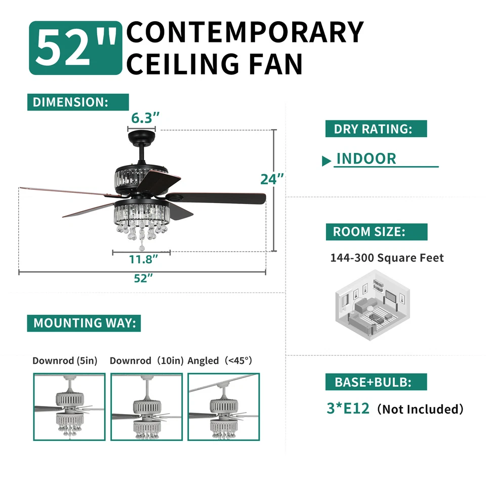 52" LED Luxury Crystal Ceiling Fan Light Chandelier Pendant Lamp Remote 3 Speed - Image 2 of 4