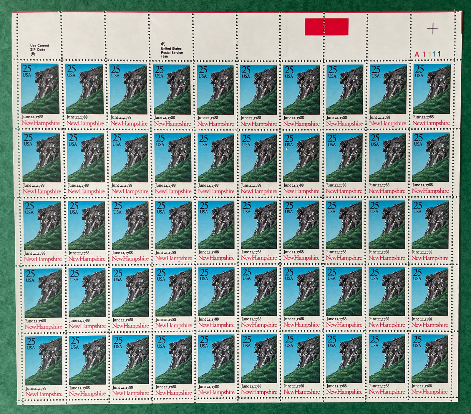Scott 2344 NEW HAMPSHIRE STATEHOOD Sheet of 50 US 25¢ Stamps MNH 1988