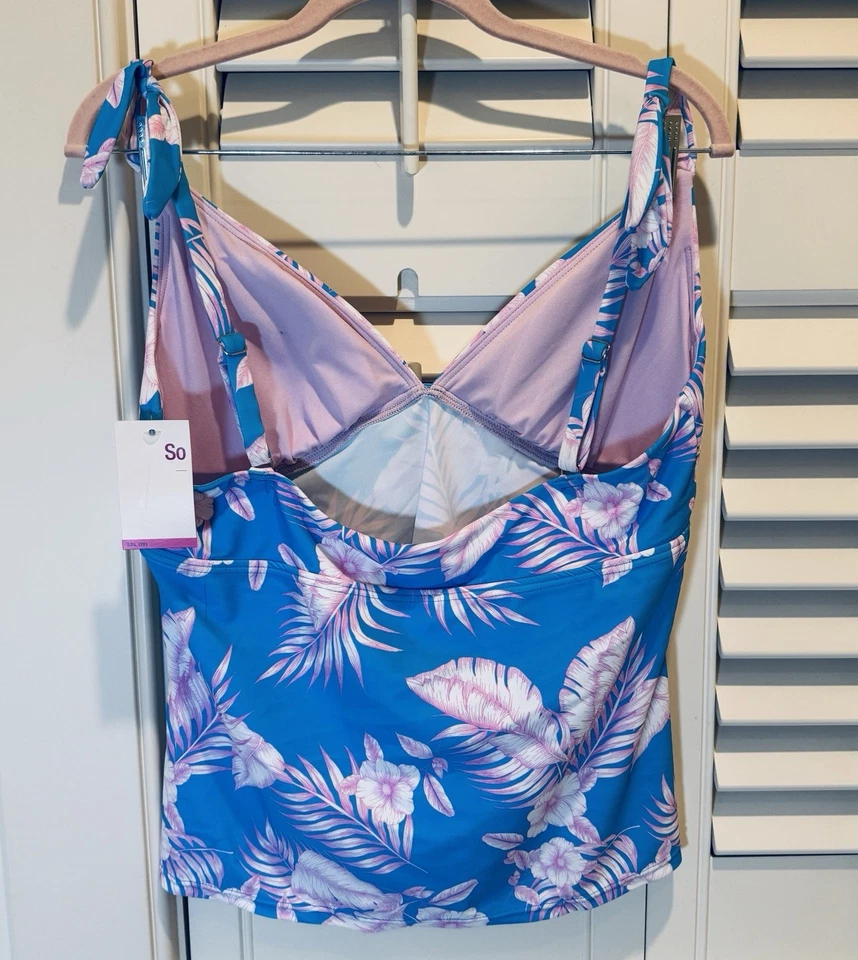 SO Tankini Top Swimwear Blue Floral Bunny Tie Size 2XL Dana Point Women NWT - Image 2 of 4