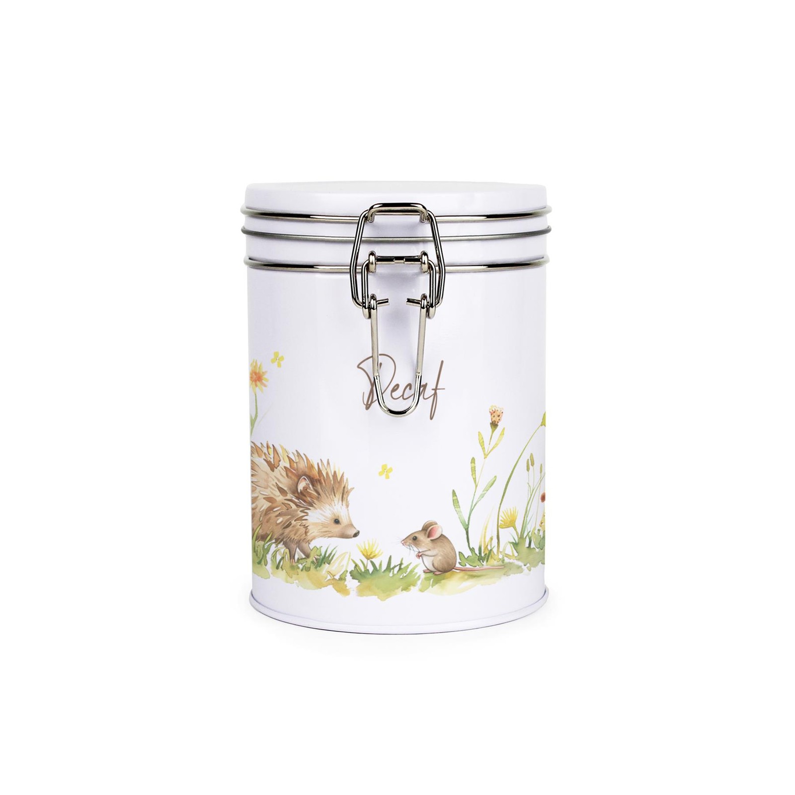 Hedgehog & Mouse Decaf Canister - Metal Clip Lid Kitchen Storage Gifts