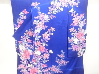 35121# JAPANESE KIMONO / ANTIQUE FURISODE / SILK / FLORAL PLANTS