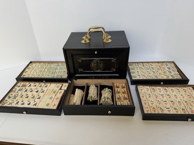 Vintage Chinese Bone & Bamboo Mahjong Set 152 Tiles And Counting Sticks