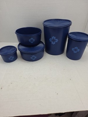 Set Of 5 Vintage Tupperware Servalier Canister Set With Lids Deep Blue 