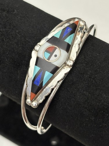 Vintage signiertes Zuni Sterlingsilber Türkis Lapis Koralle Inlay Manschette Armband 16,9 g