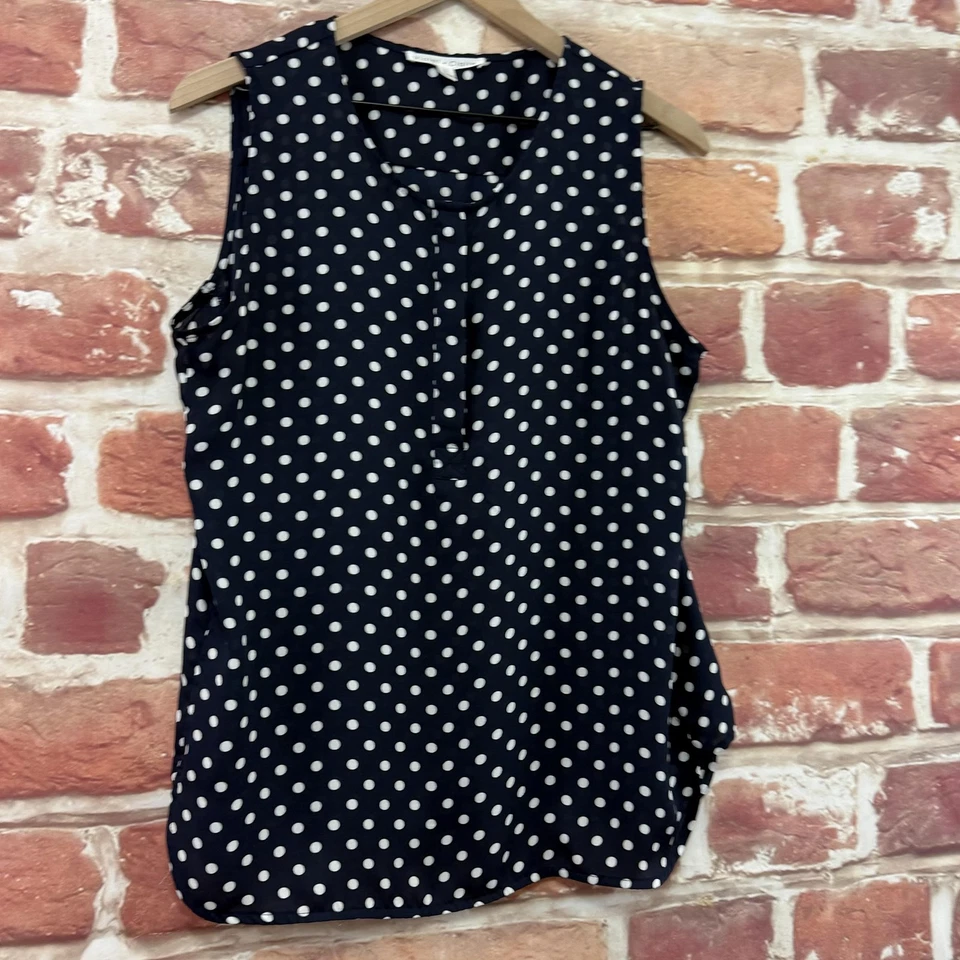 紫色和克莱尔上衣女式大号深蓝色白色波点无袖衬衫 — 第 2/4 张图片