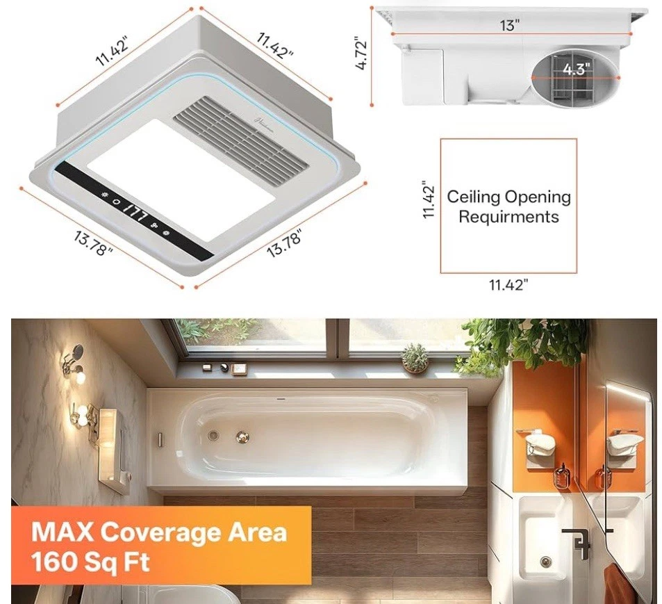 Hawkrown Ventilador de Escape de Baño 4 en 1 con Luz Baño Calentador Ventilador Combo de Luz Foto 3 de 4