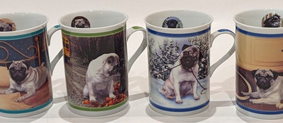 Lot/4 DANBURY Mint Purely Pugs Porcelain Cup Mug Dog, Microwave Dishwasher Safe