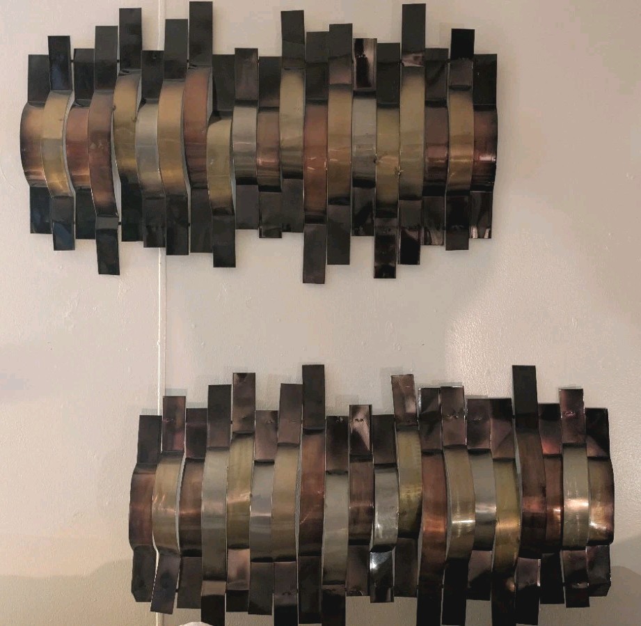 Large Brutalist Mid Century Gold and Copper Metal Wall Art Decor  39"X 22" 