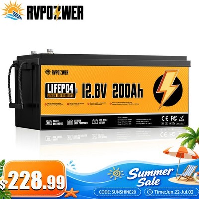 12V 200Ah Lithium LiFePO4 Battery 2560Wh Built-in BMS Deep Cycle Marine RV Solar