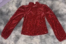 Sanctuary All Nighter Mock Neck Sequin & Velvet Blouse Rouge Red Size XS (4) NWT