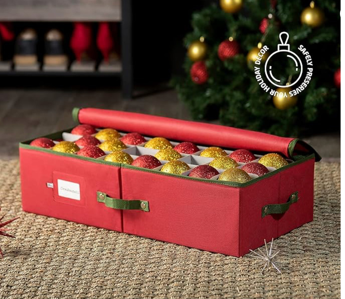 Underbed Christmas Ornament Storage Box - Stores 64 3" Ornaments, With Dividers