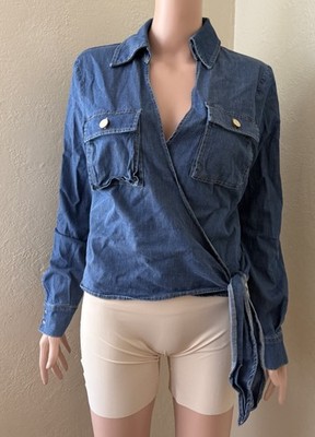 Elisabetta Franchi Blue Denim Tie Shirt Size 44 Italy