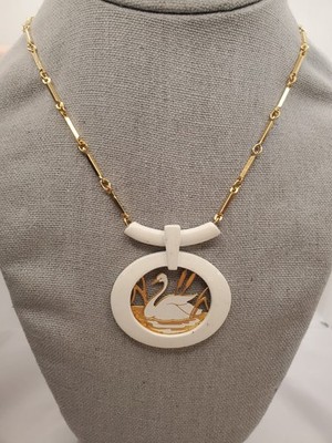 Vintage Gold Tone & Metal Swan Pendant Necklace Asian Influence