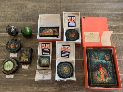 Lot 10 Vintage Russian Boxes & Eggs Kholui hand-painted lacquer boxes signed