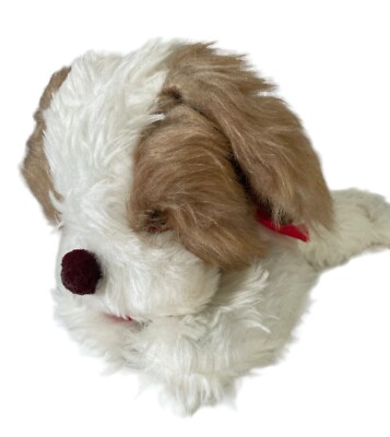 Vtg Mary Meyer Tan White Dog Plush Laying Shaggy Felt Tongue Orange Eyes Pom Pom