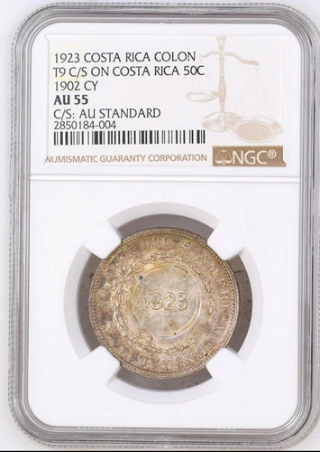 Costa Rica: 1923 Colon T9 C/S On 50 Centimos 1902 CY, NGC AU 55, KM# 164 Silver