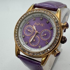 August Steiner Quartz Watch Women Gold Tone Purple Rhinestone Day Date New Batte
