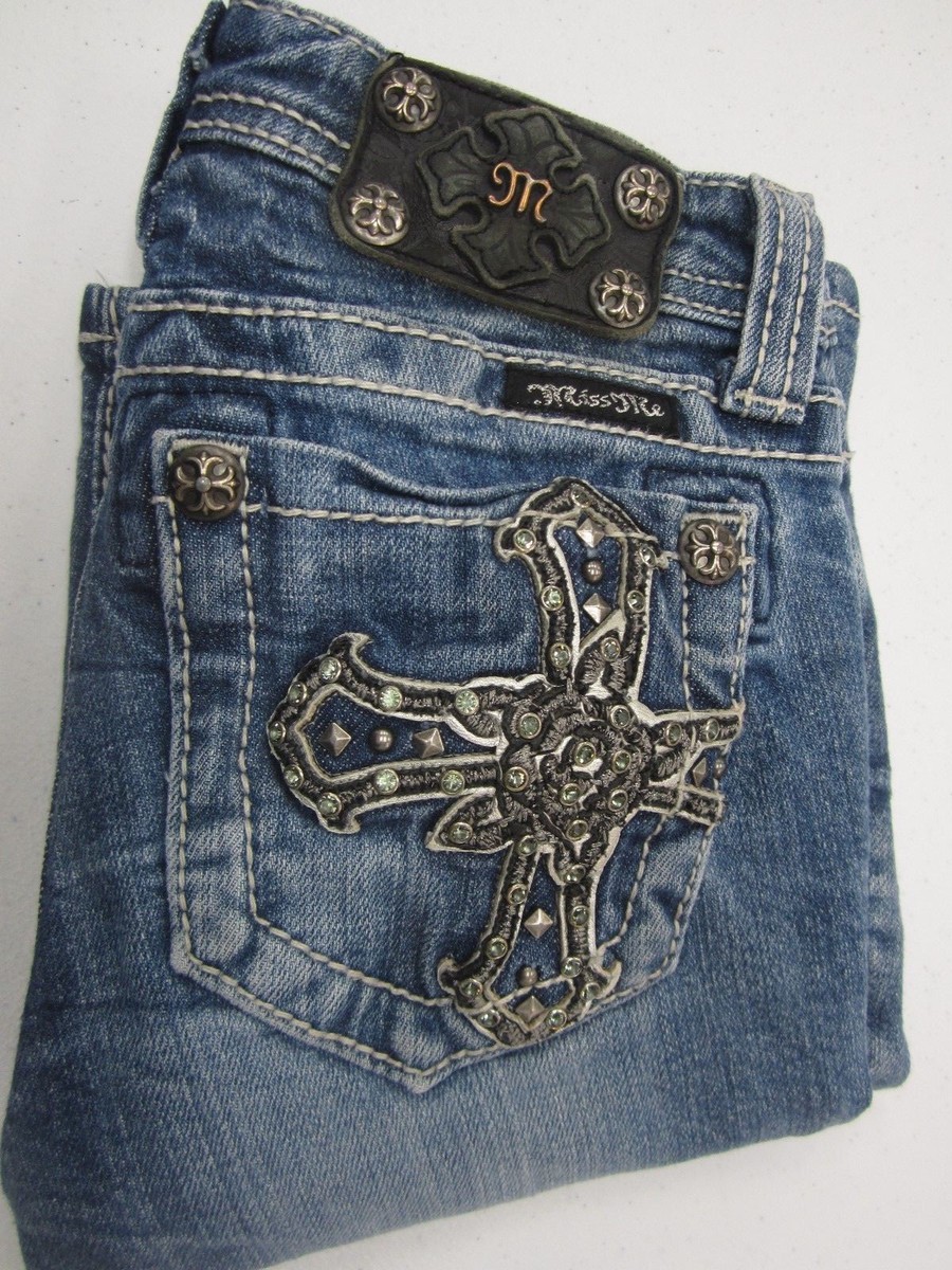 Short Miss Me Jeans Bermuda Femme - Taille 14 - Bleu Avec Croix En Cuir