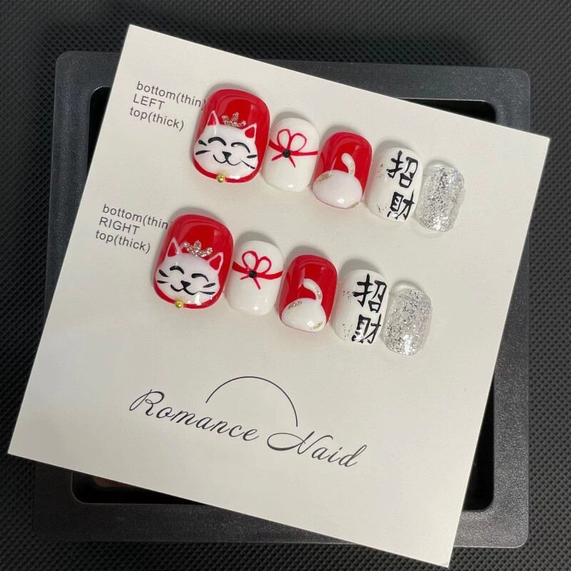 Xsl Sizes For A Perfect Fit Red Glitter Handpainted Lucky Cat Nail
