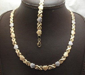 Authentic Diamond Cut Hearts Kisses Bracelet Necklace Set 10K Two-Tone Gold Plated Silver