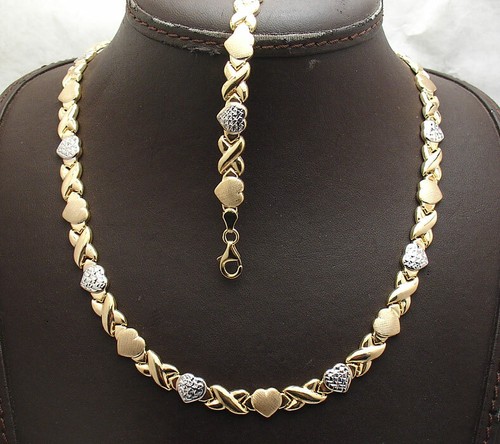 Diamond Cut Hearts Kisses Bracelet Necklace Set 10K Two-Tone Gold Plated Silver