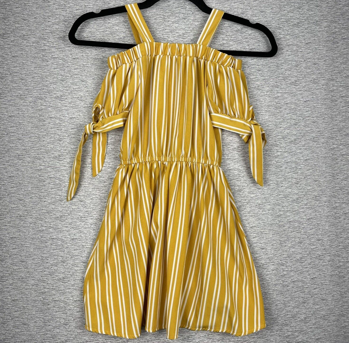 Lily Bleu Dress Girls 7 Sun Dress Yellow White Stripe Tie Sleeve Elastic  Waist