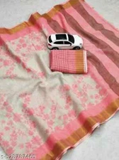 New Linen Cotton Sari With Unstitched Blouse Piece Party Wedding Wear For Women