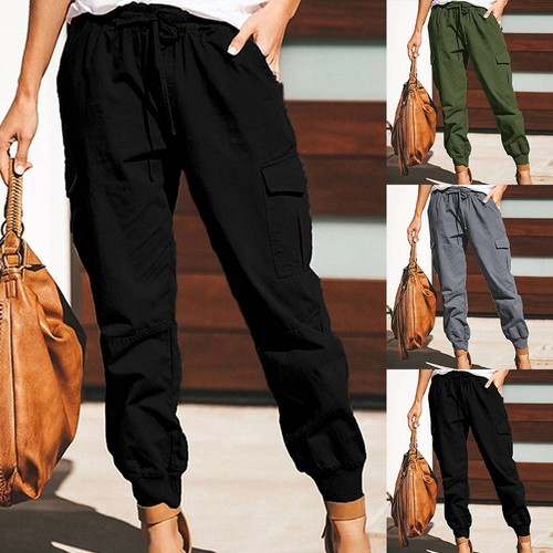 Womens Ladies Elastic High Waist Cargo Trousers Gym Jogging Combat Work Pants US